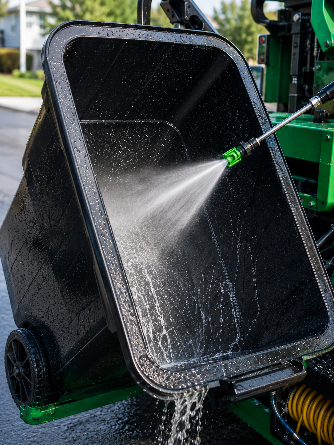 High-pressure trash bin cleaning in action